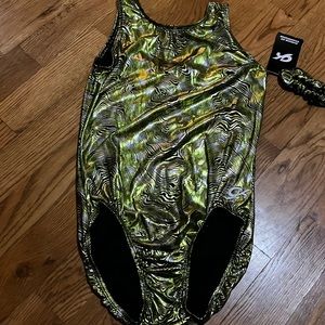 NWT GK gymnastics tumbling dance workout leotard metallic black green sz AXL